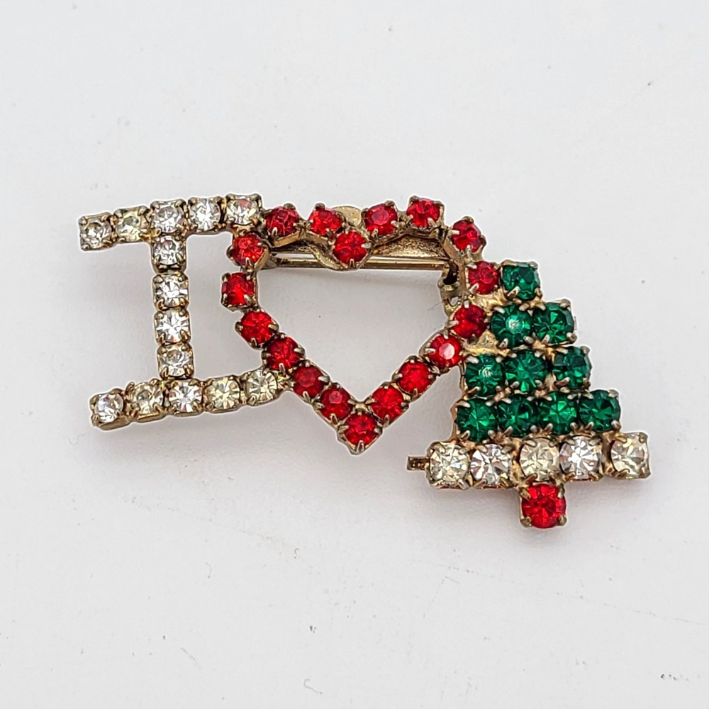 Vintage Gold tone Red White Green Rhinestone Heart I Love Christmas Brooch Pin